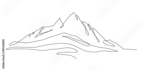 One Continuous Art Line of a Mountain Outline Silhouette. Trendy scenic mounts, wall art background. Black and white landscape design for fabric, prints, and wall art. Simple line drawing of one line