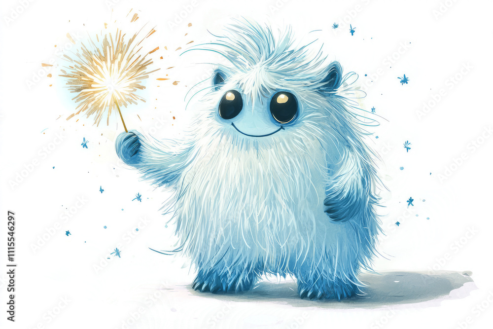 Naklejka premium A fluffy, friendly yeti monster, holding a sparkling firework.