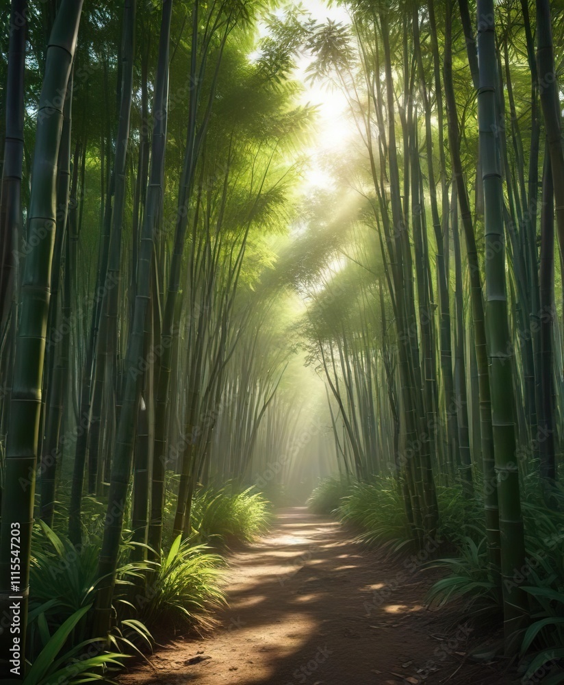 Fototapeta premium Dense bamboo grove with shafts of sunlight filtering through the foliage, dense bamboo, leafy canopy