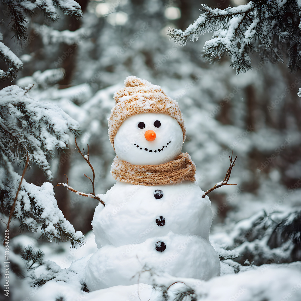 Fototapeta premium Winter forest and Snowman. Holidays, Christmas.