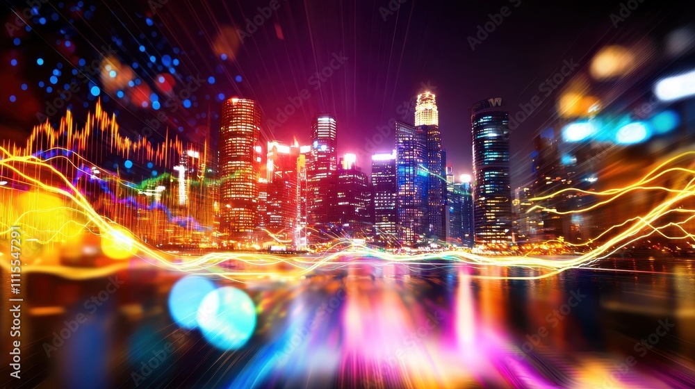 Vibrant Night Cityscape with Colorful Lights and Energy Flow Effects Vibrant Night Cityscape with Colorful Lights and Energy Flow Effects