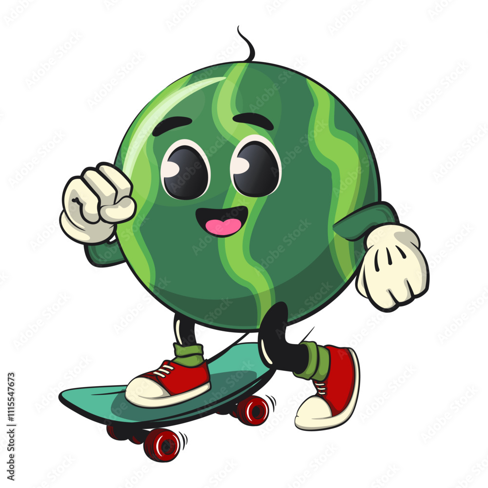 Obraz premium cute watermelon cartoon character playing skateboard, watermelon mascot cute cartoon characters for icon, mascot, logo, label, poster, banner, print, sticker, clip art