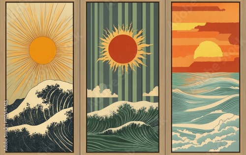 Three vertical frames with light wood frames display vector illustrations in a mid-century modern style, with sun, sea, and striped waves.