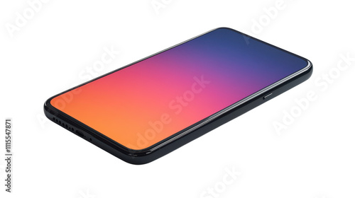 A sleek smartphone lies on a flat surface, its screen illuminated with a captivating gradient of orange and purple. The colors evoke a warm, inviting atmosphere, reminiscent of a sunset