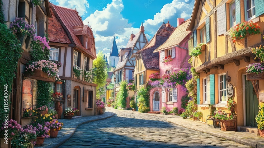 Fototapeta premium A charming European village with cobblestone streets, pastel-colored houses with flower boxes, and a peaceful town square under a clear blue sky, captured in a warm and inviting artistic style 