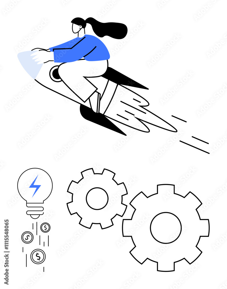 Obraz premium Woman riding a rocket, symbolizing rapid progress. Gears and lightbulb with falling coins suggest ideas, innovation, and financial growth. Ideal for startup, business growth, financial success