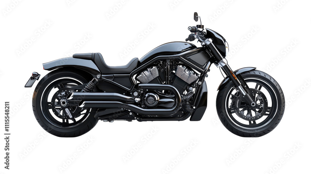 Obraz premium A striking black motorcycle stands prominently against a vibrant backdrop, highlighting its sleek lines and powerful engine design. The scene captures the essence of speed and freedom