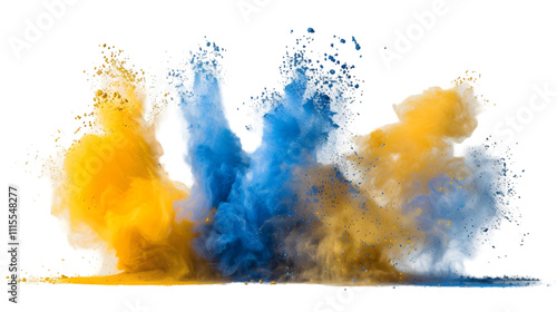 Yellow, Blue, Silver colours powder exploding isolated on a transparent background