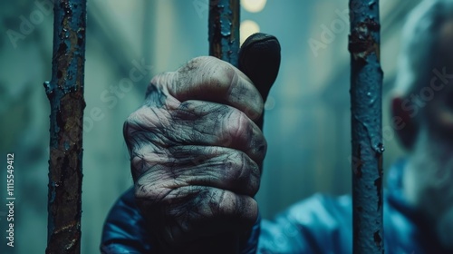 Closeup of a hand gripping metal bars, representing imprisonment and confinement in a prison setting photo