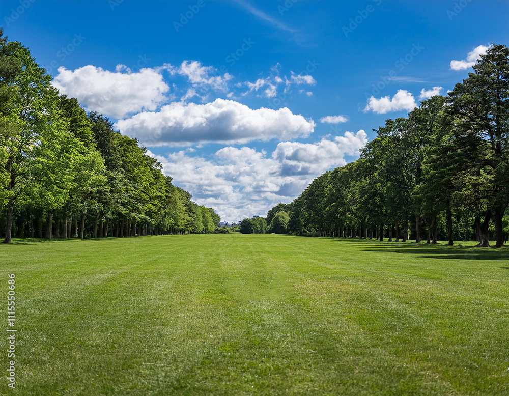 Naklejka premium The wide green lawn, with big trees around the field, and white clouds in the bright sky, giving a refreshing feeling.