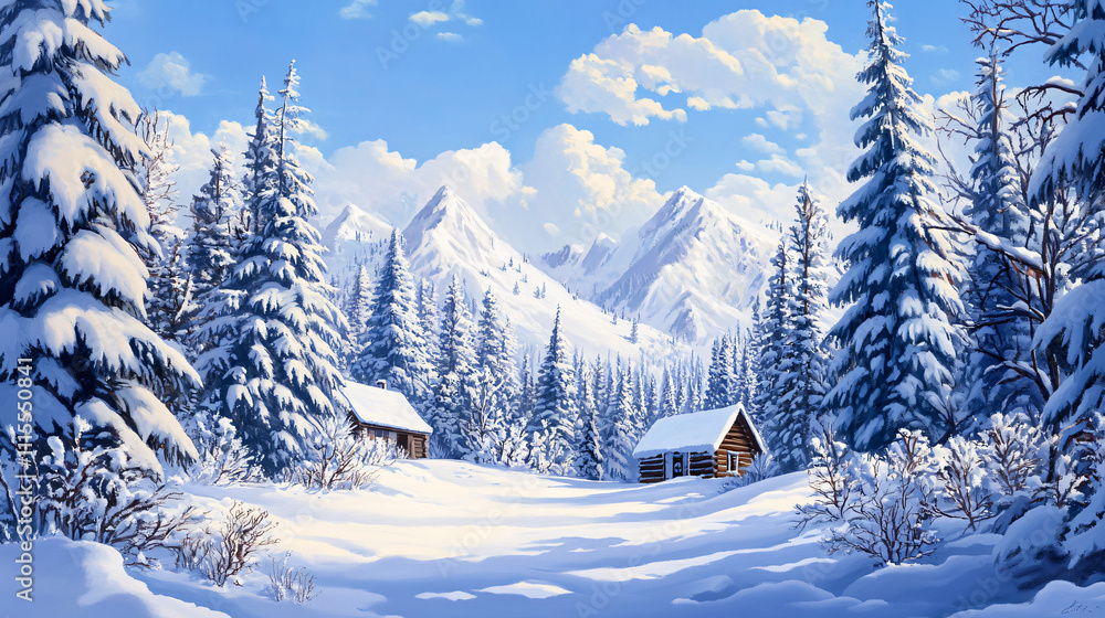 Fototapeta premium A snowy alpine forest with tall pine trees, fresh snow on branches, and a cabin in the distance under a crisp blue sky.