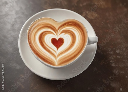 Latte with a heart made from syrup on the side, latte flavoring, dessert, heart shape photo