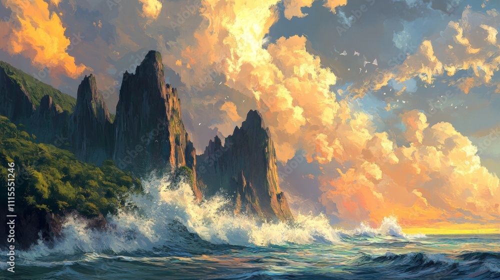 Fototapeta premium Dramatic Sunset Over a Rugged Coastline with Crashing Waves