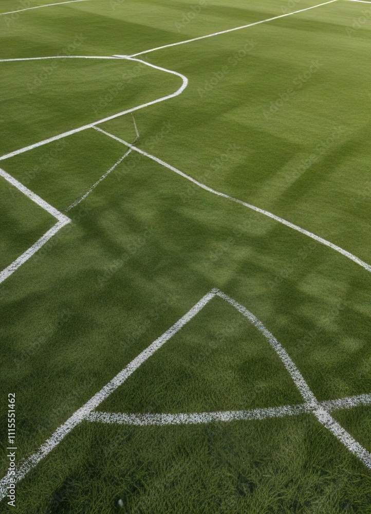Obraz premium Low-angle view of a soccer field with chalk lines and dynamic shadows, soccer pitches, shadows, sports equipment