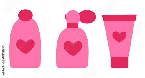Creams, lotion, mousse, perfume Set. Cosmetics pink collection. Skin care products. Vector illustration.