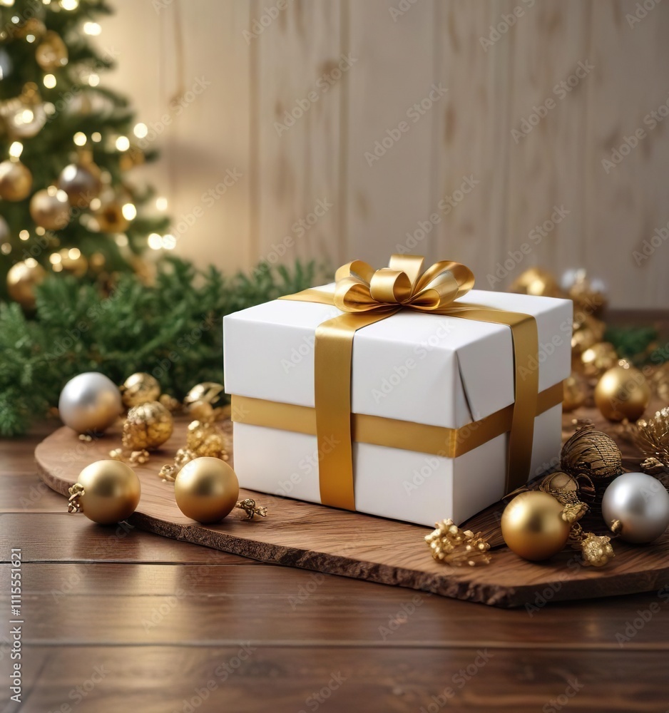 Luxurious white gift box with gold ribbon on wooden table decorated with christmas ornaments, elegant holiday mockup, wooden table, christmas, gift box, elegance Luxurious white gift box with gold ribbon on wooden table decorated with christmas ornaments, elegant holiday mockup, wooden table, christmas, gift box, elegance