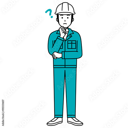 アイデアを考える作業員の男性（全身）