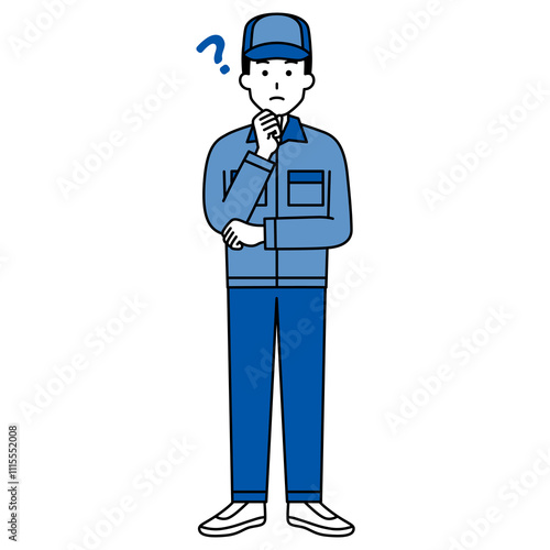アイデアを考えるつなぎ作業服の男性（全身）