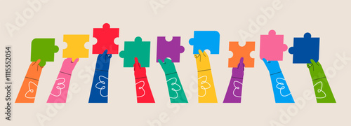 Group of people with raised arms holding a piece of jigsaw. Concept of teamwork and success. Colorful vector illustration