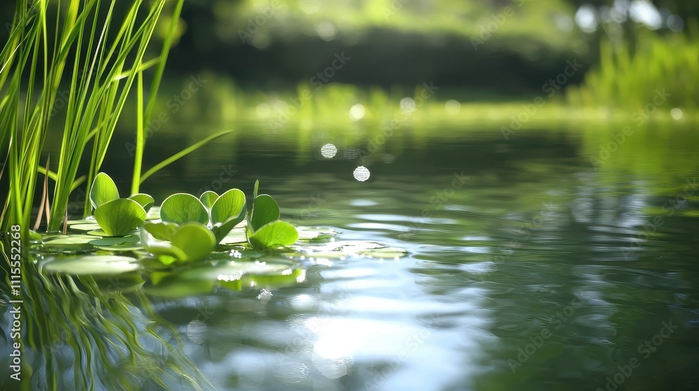 Serene Pond Landscape with Water Lilies and Soft Sunlight Reflection Serene Pond Landscape with Water Lilies and Soft Sunlight Reflection