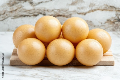 Fresh Ostrich Eggs Arranged on a Wooden Board with Marble Background photo