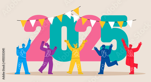 Happy New Year. Numbers 2025. Group of people celebrating new year. Colorful vector illustration