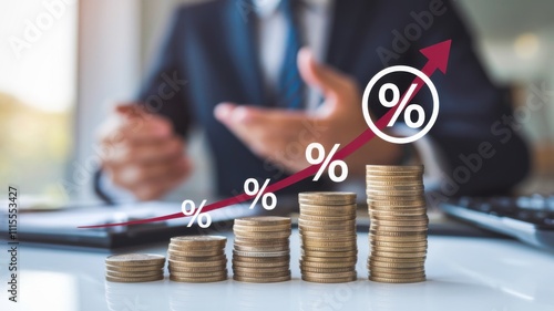 Businessman discussing financial growth with stacked coins and percentage symbols. photo