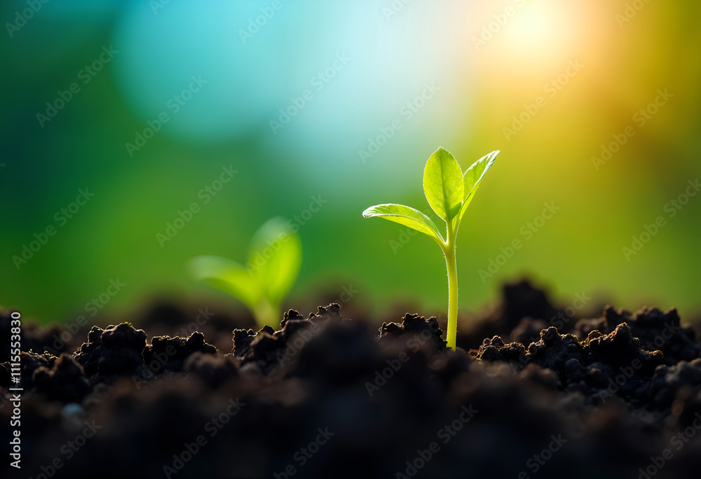 Two vibrant green seedlings emerge from dark soil, bathed in warm sunlight against a blurred green and blue background. A symbol of growth and new beginnings.