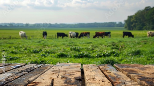 Rustic wooden tables contrast with the soft backdrop of a tranquil cow pasture with lush green grass. photo