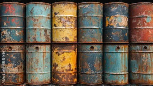 A row of weathered, rusty barrels in various colors, showcasing industrial wear. photo