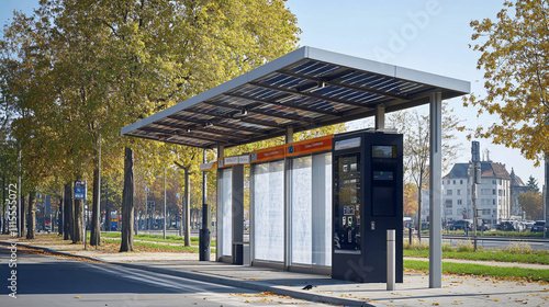 A solar-powered bus stop shelter that uses solar panels to provide lighting and charging stations for phones, offering a sustainable solution for public transportation systems.