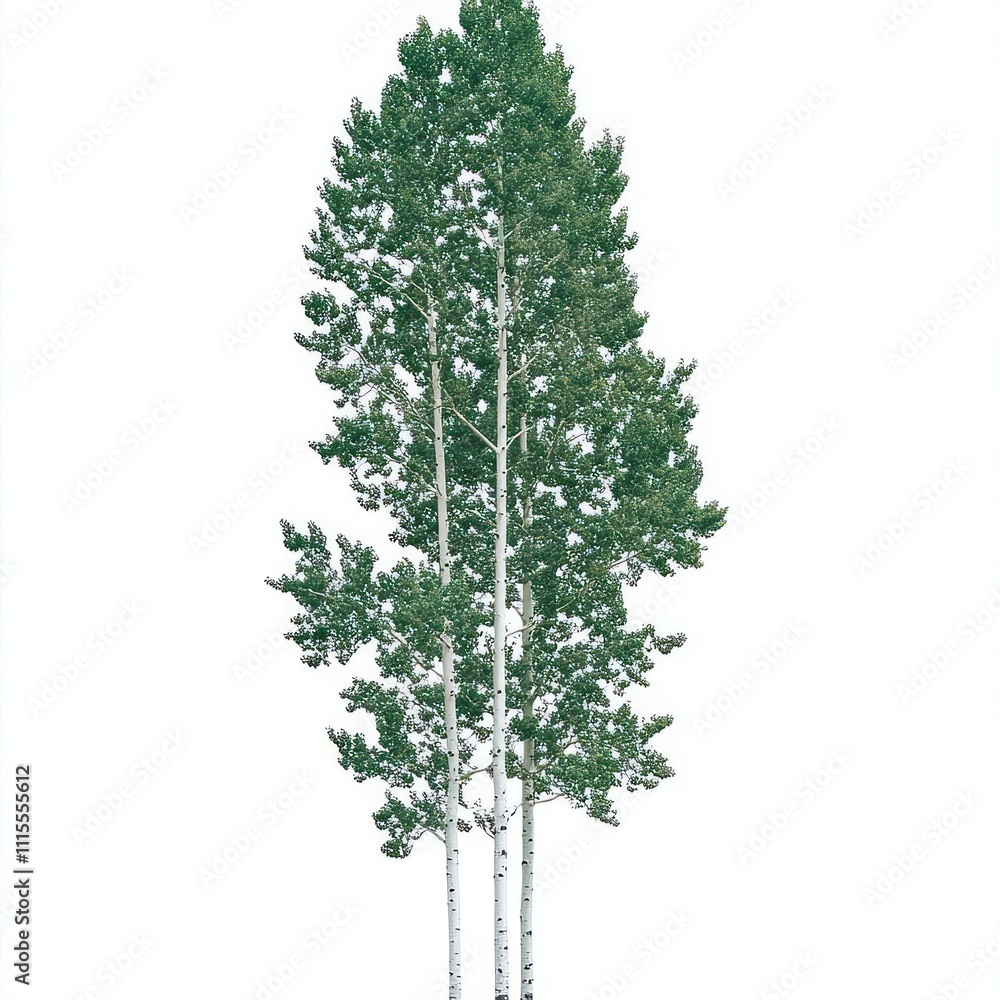 Three Aspen Trees Stand Tall Against White Background Three Aspen Trees Stand Tall Against White Background