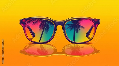 Retro sunglasses reflecting tropical colors and palm trees against a vibrant background photo