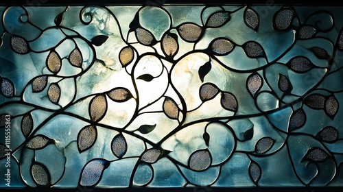 Elegant Art Nouveau glass window design showcasing intricate vine and leaf patterns