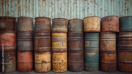 A row of weathered, rusted barrels against a corrugated metal backdrop.