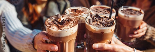 A group of friends enjoying refreshing cacao cocktails on a sunny patio with drinks garnished with chocolate shavings.