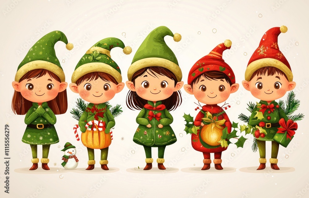 Fototapeta premium Adorable Christmas elves in colorful outfits and hats standing in a snowy festive scene Generative AI