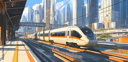A high-speed train traveling through a city on an elevated bridge, showcasing modern transportation in an urban environment, with the train soaring above the ground amidst city skyscrapers.