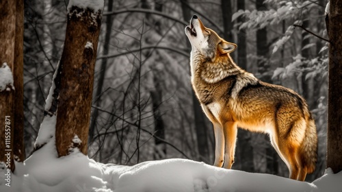 A coyote howls in a snowy forest, capturing a moment of wilderness and nature's beauty. photo