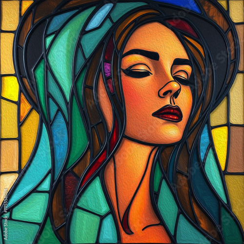 Stained glass.  Pattern to print for wall decorations, covers. Oil paint. Woman