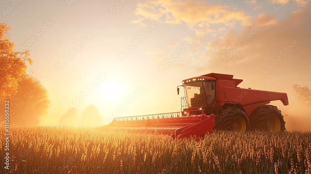Fototapeta premium Golden Hour Grain Harvesting with Combine