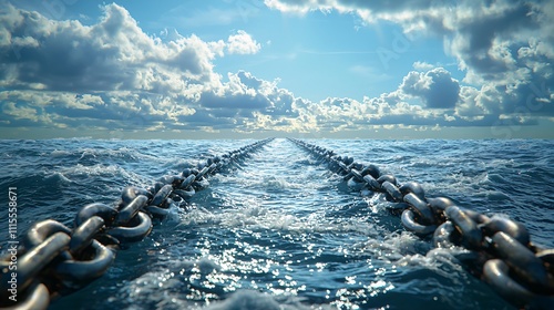 Long metallic chain extending into the horizon from the water surface