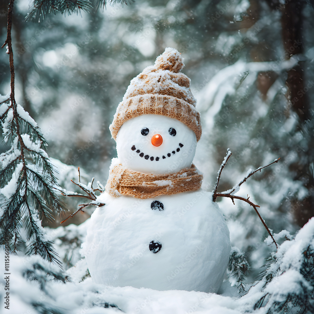 Fototapeta premium Winter forest and Snowman. Holidays, Christmas.
