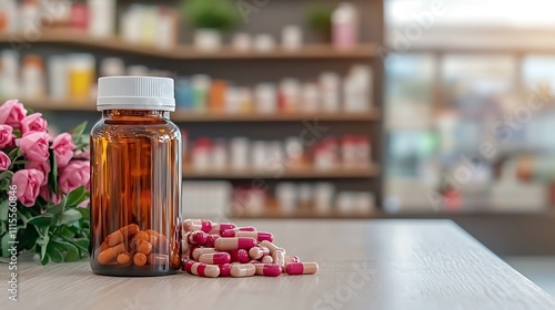 Pharmacy medicine bottles close-up display of pharmaceutical products and health awareness photo