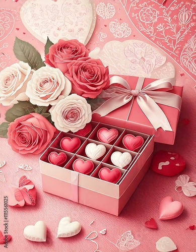 A seamless Valentine's Day pattern with hand-drawn hearts and roses in pink and red tones on pink background