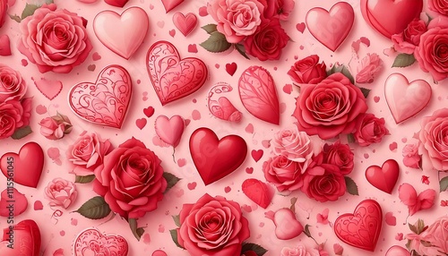 A seamless Valentine's Day pattern with hand-drawn hearts and roses isolated in pink and red