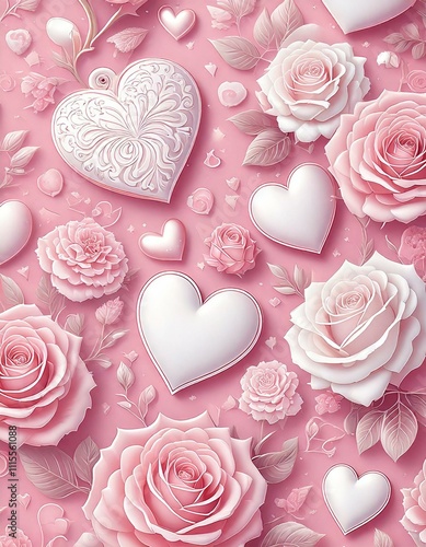 A seamless Valentine's Day pattern with hand-drawn hearts and roses, pink theme on a soft pastel