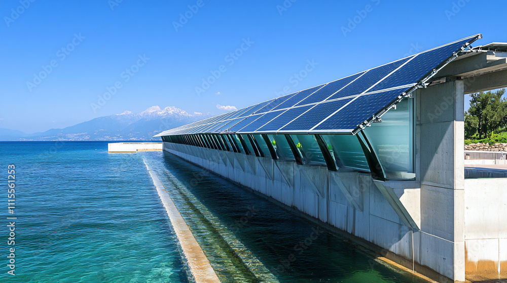 Fototapeta premium A solar-powered desalination plant converting seawater into fresh water using solar energy to provide sustainable water solutions for coastal communities.