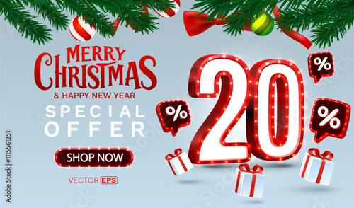 Merry Christmas, 20 percent Off discount. Sale banner and poster. Vector illustration.