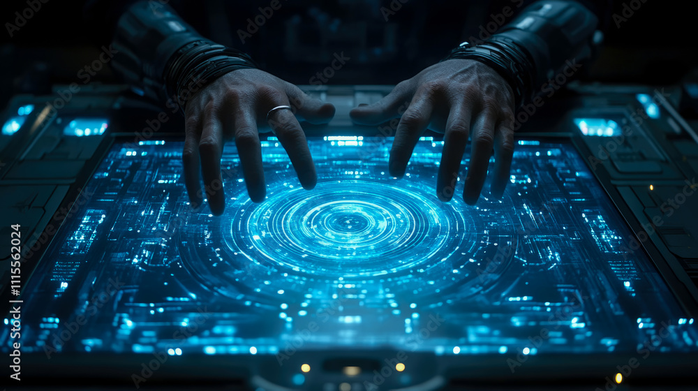 Obraz premium Hands manipulate a glowing holographic display filled with intricate patterns and data, creating an immersive experience in a dark, technological setting